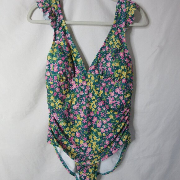 Kona Sol One Piece Swimsuit Ruffle Shoulder Green Floral Size Large NWT - Picture 2 of 7